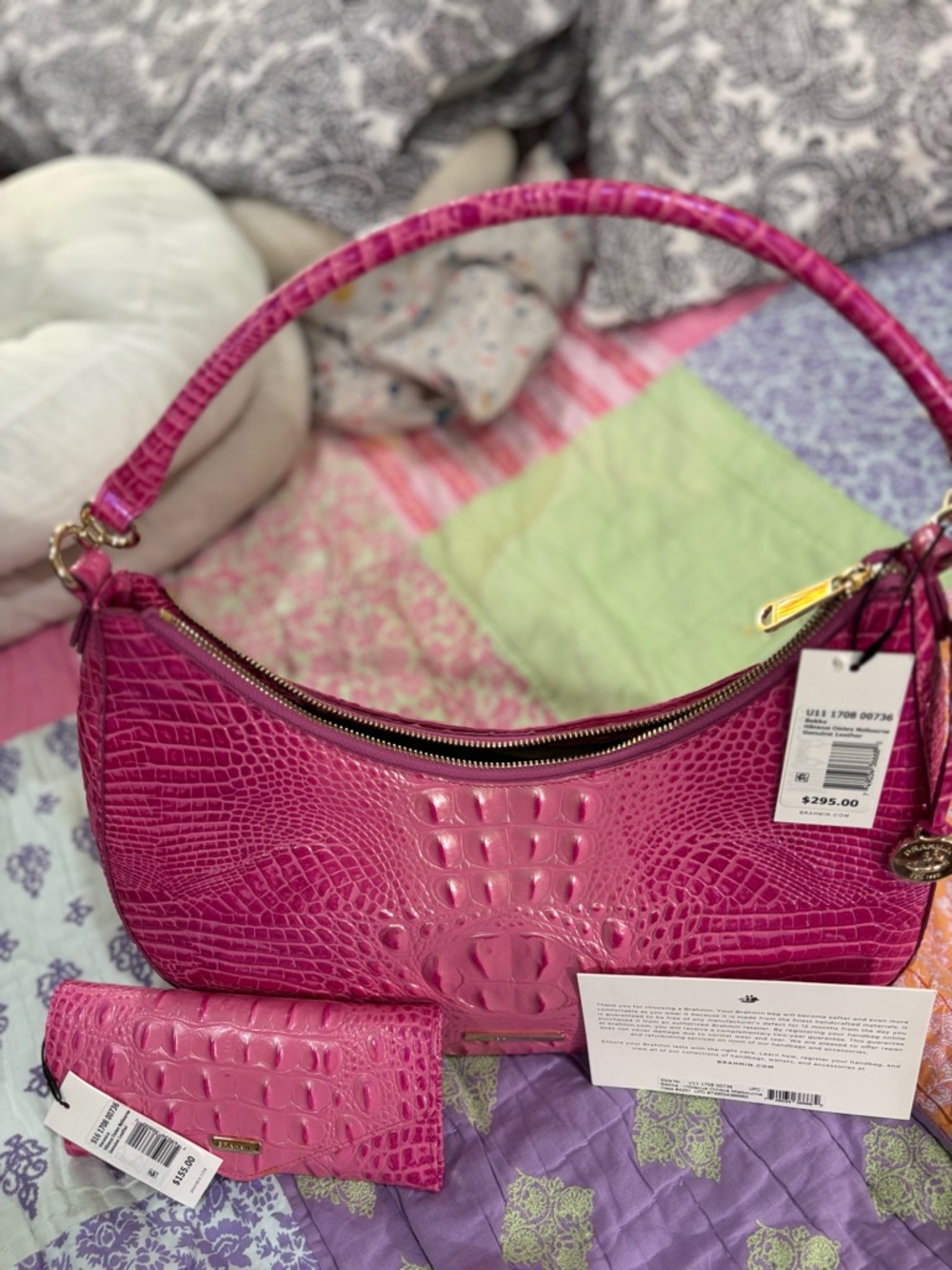 Brahmin Fuchsia Croc-Embossed Shoulder Bag with Matching Wallet